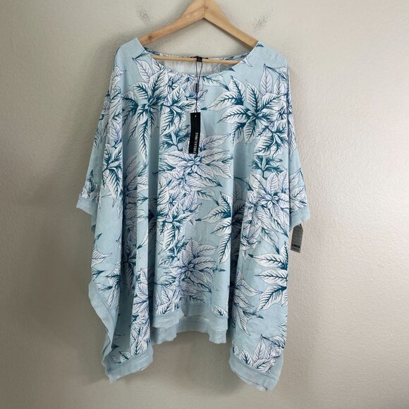 NEW For Cynthia Womens XL Tropical Linen Blend Poncho Tunic Top Blue White - Picture 8 of 8